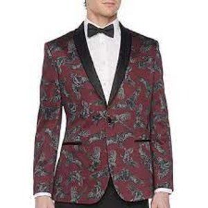 NWT JF J. FERRAR SUPER SLIM FIT SUIT JACKET BURGUNDY BIRDS 46